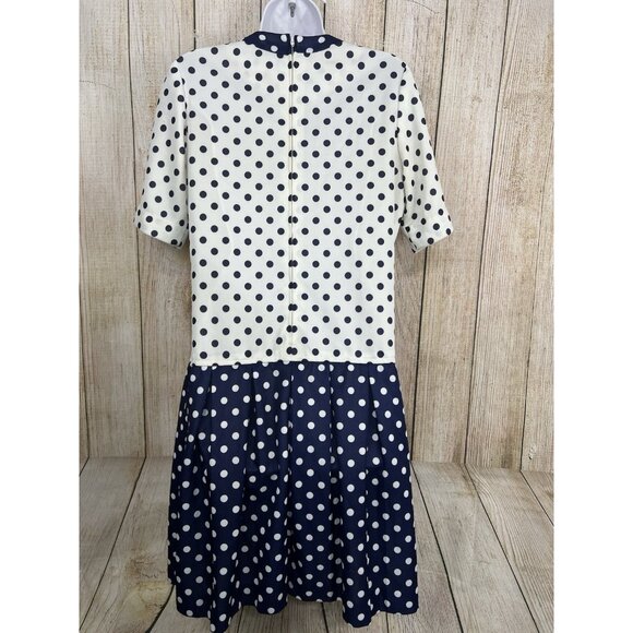 Vintage 60s 70s Mod Polka Dot Drop Waist Dress Sz M Navy Blue White Twiggy USA - Picture 5 of 8